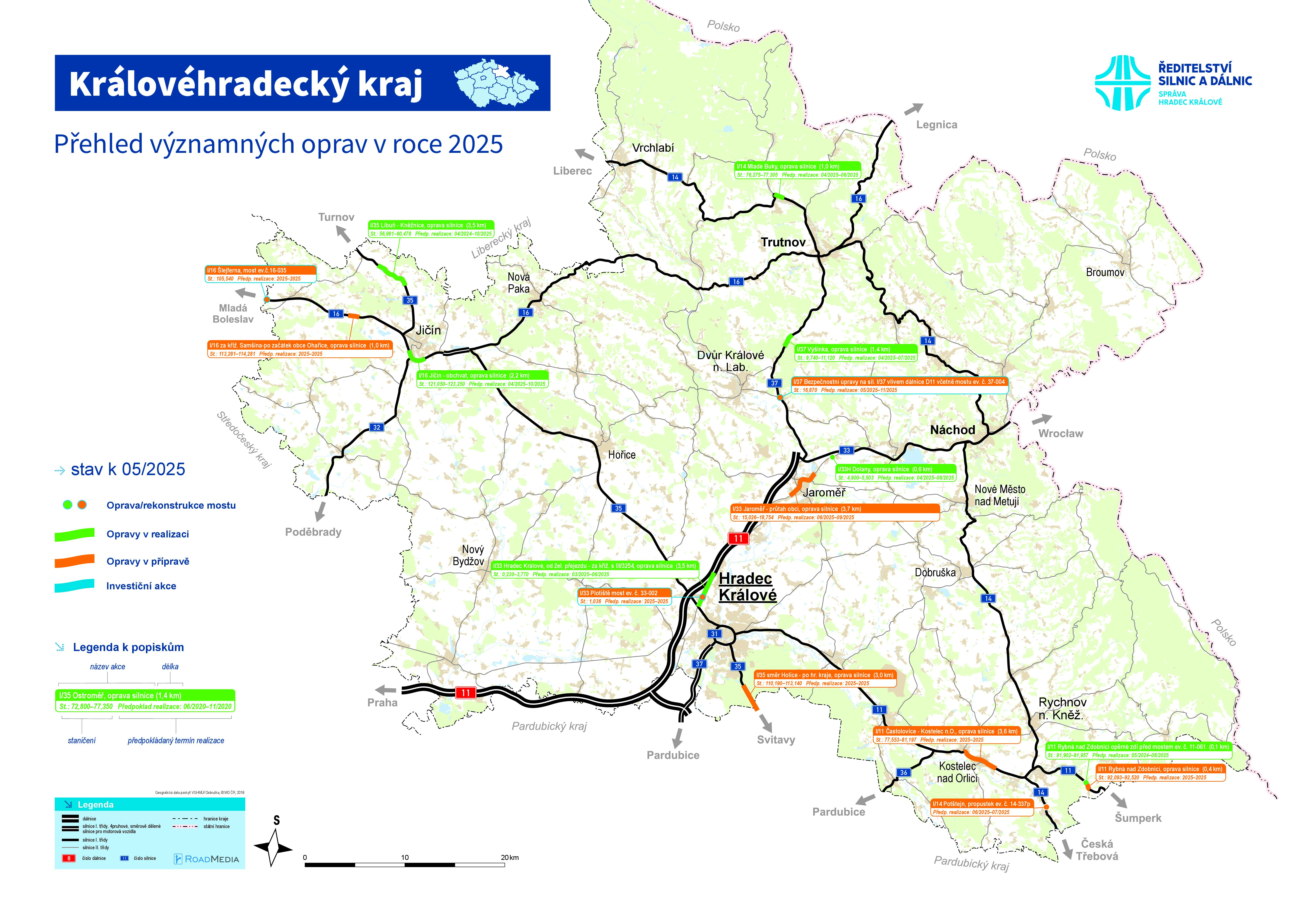 Nová mapa aktuálně probíhajících oprav v Královéhradeckém kraji