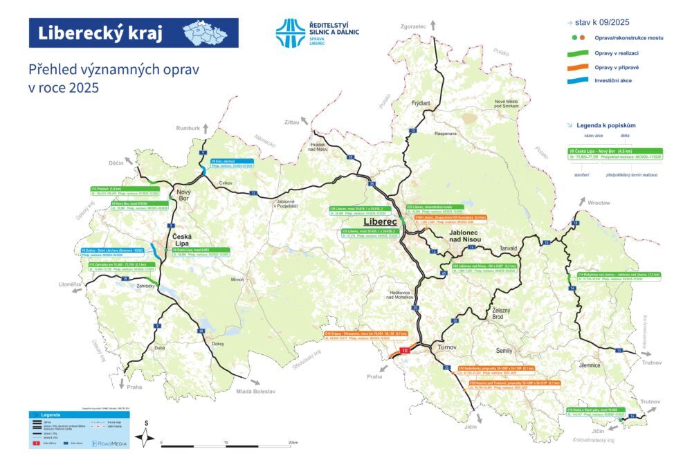 Přehled plánovaných oprav v Libereckém kraji pro rok 2025 (září)