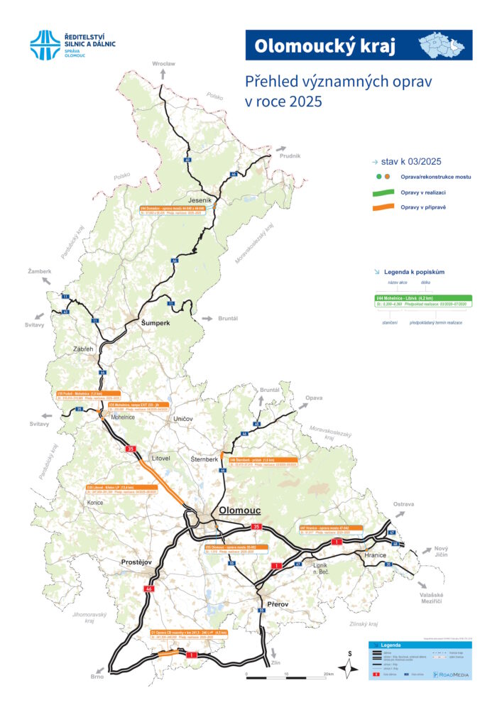 Mapa významných oprav ŘSD v Olomouckém kraji (březen 2024) - TV Morava