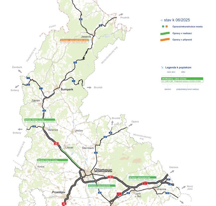 Mapa významných oprav ŘSD v Olomouckém kraji (červen 2025)