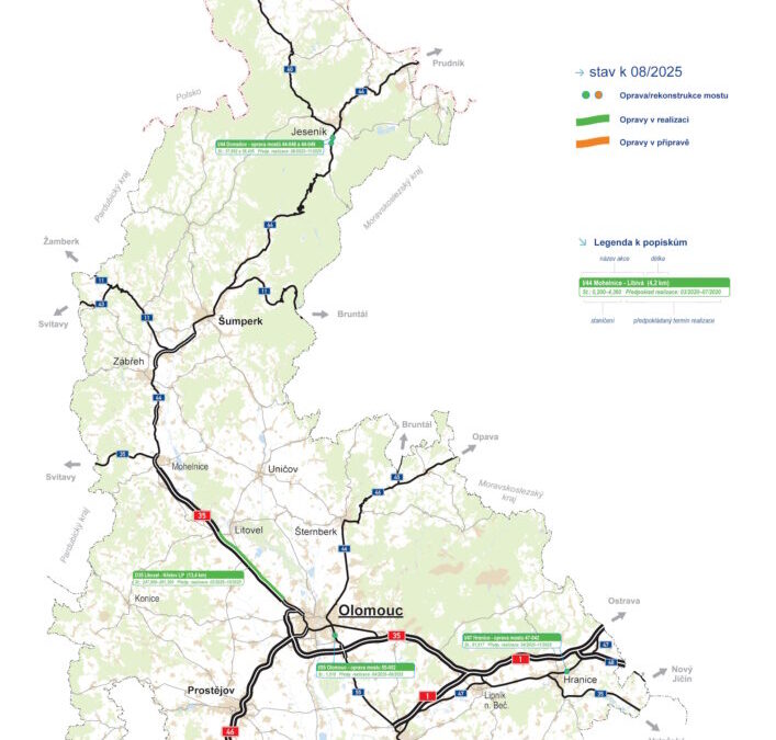Mapa významných oprav ŘSD v Olomouckém kraji (srpen 2025)