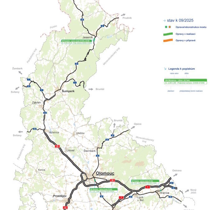 Mapa významných oprav ŘSD v Olomouckém kraji (září 2025)