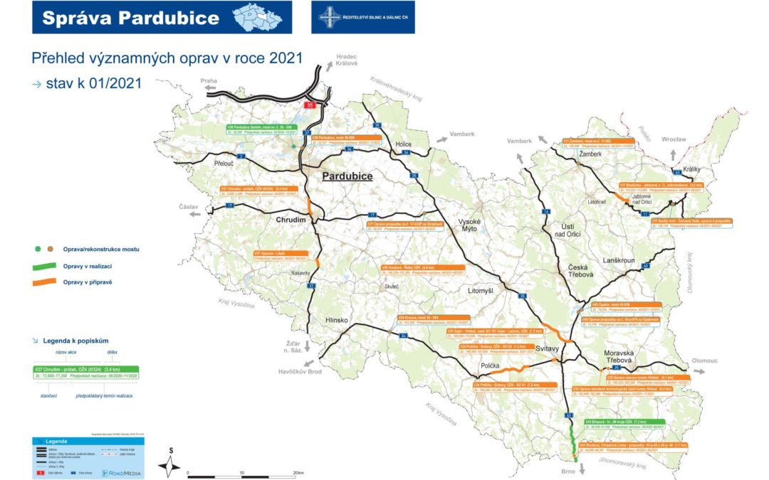 V roce 2021 plánuje ŘSD v Pardubickém kraji provést řadu významných oprav
