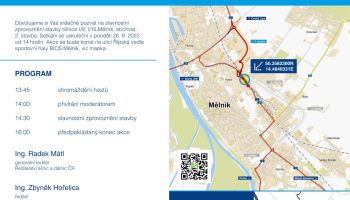 Pozvánka na slavnostní zprovoznění stavby silnice I-9, I-16 Mělník, obchvat, 2. stavba